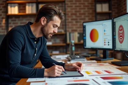 Designer graphique travaillant sur un logo de club de football avec des palettes de couleurs et une tablette graphique dans un studio créatif