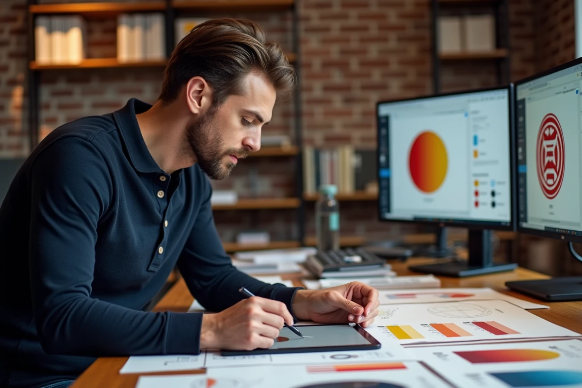 Designer graphique travaillant sur un logo de club de football avec des palettes de couleurs et une tablette graphique dans un studio créatif