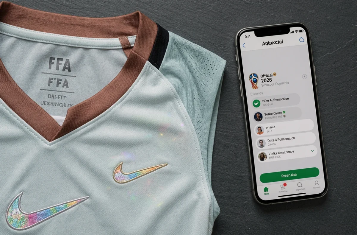 Gros plan sur les détails d'authentification d'un maillot Nike officiel Coupe du Monde 2026 : étiquette holographique, logo FIFA brodé et application mobile de vérification