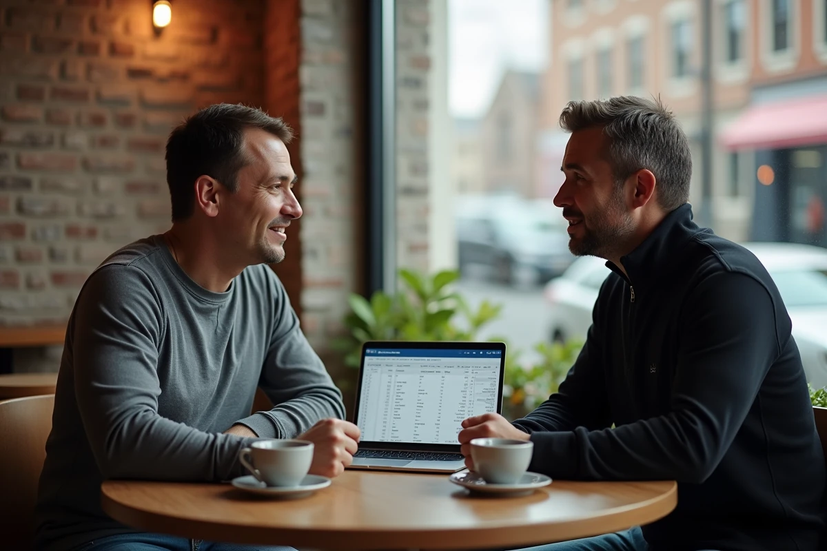 Deux joueurs de tennis discutant d'une stratégie d'optimisation des points P100 autour d'un ordinateur portable dans un café