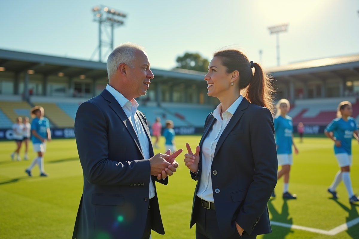 Entraineur et coach discutant sur le terrain de football
