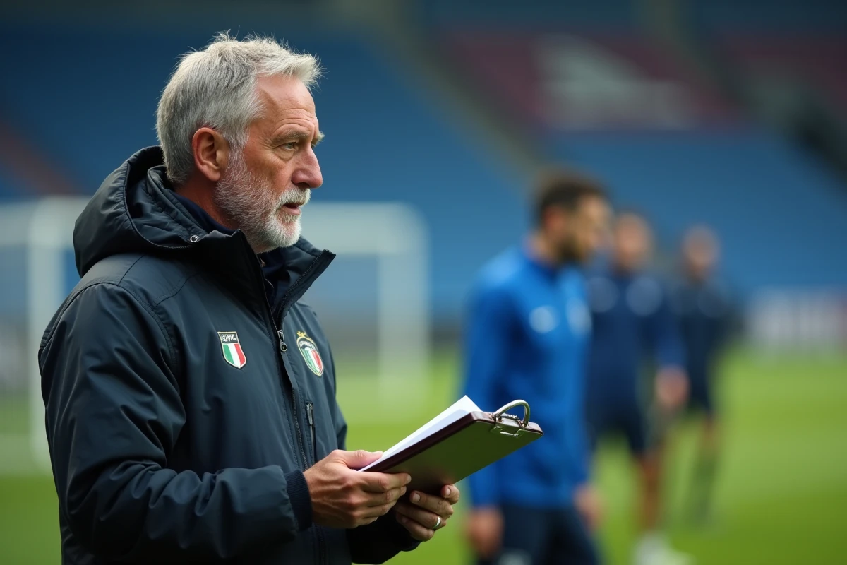 Entraîneur de l'Inter Milan analysant une tactique sur le bord du terrain lors d'une séance d'entraînement