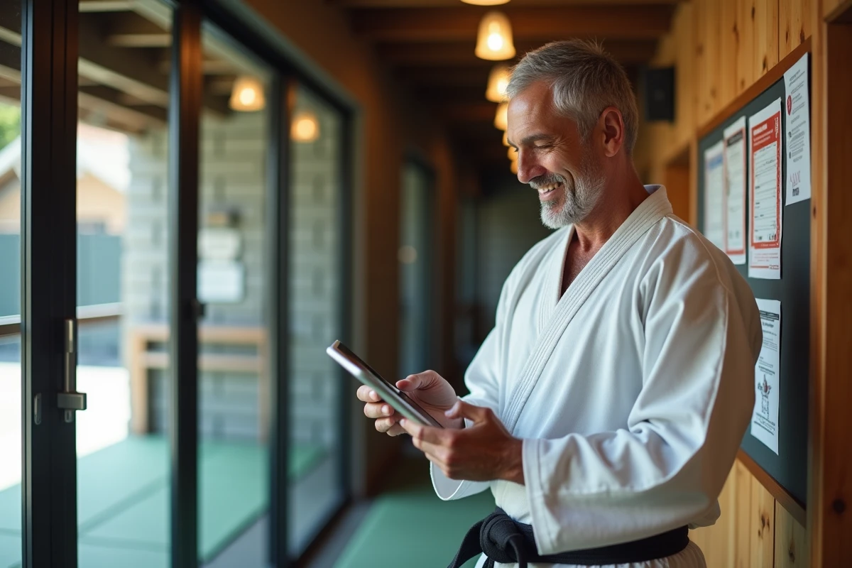 Entraîneur de judo consultant les inscriptions des licenciés sur une tablette numérique dans un couloir de dojo