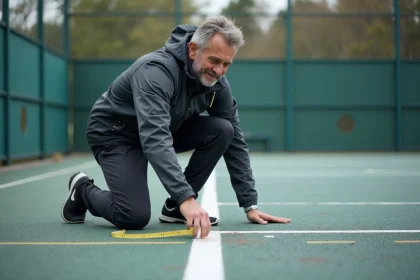 Entraineur mesurant la ligne de handball en ext&eacute;rieur