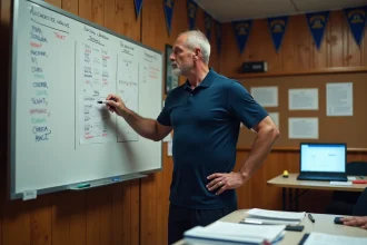 Entraîneur de rugby amateur consultant le calendrier de la saison Fédérale 2 Poule 4 2026 sur un tableau blanc dans une salle de réunion de club