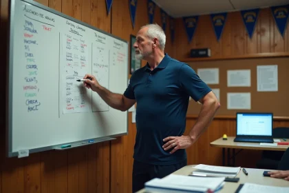 Entraîneur de rugby amateur consultant le calendrier de la saison Fédérale 2 Poule 4 2026 sur un tableau blanc dans une salle de réunion de club