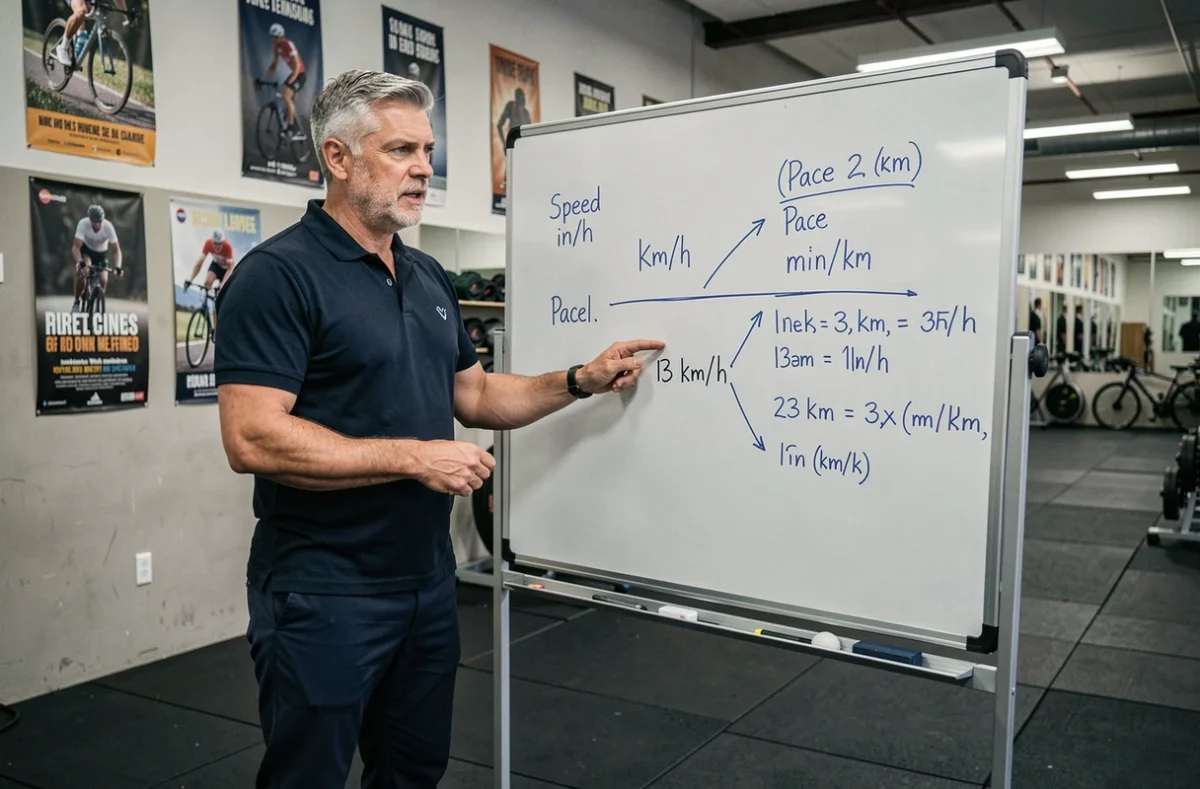Entraîneur sportif expliquant la conversion de vitesse km/h en allure min/km sur un tableau blanc