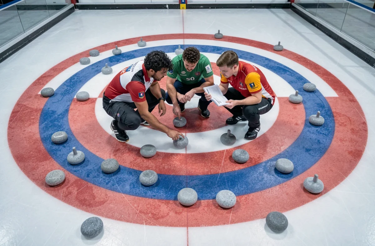 Équipe de curling mixte analysant la stratégie autour des pierres placées dans la maison