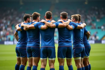 Joueurs de rugby en cercle sur le terrain lors d'un match de Fédérale 1 Poule 3