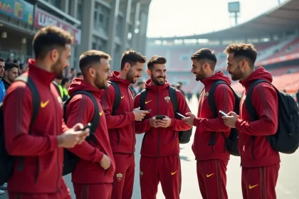 Groupe de joueurs Roma 2026 devant le stade