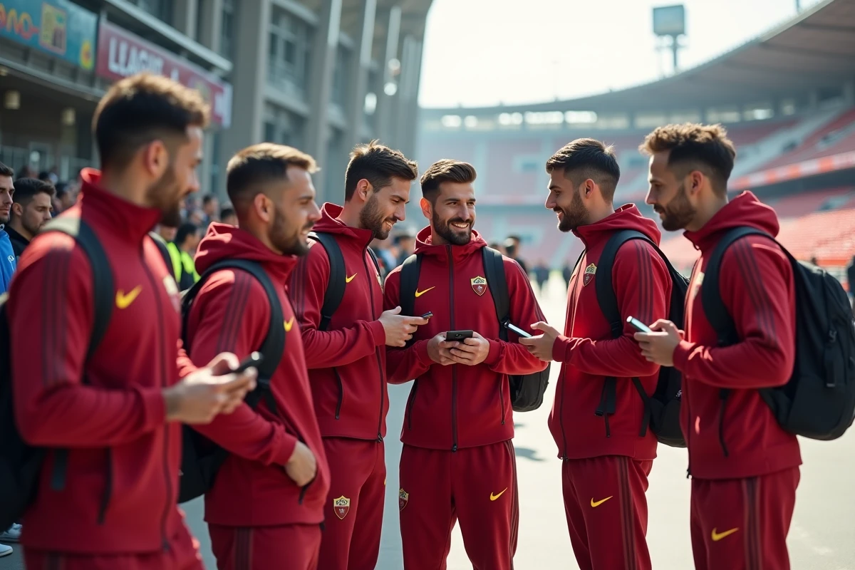 Groupe de joueurs Roma 2026 devant le stade