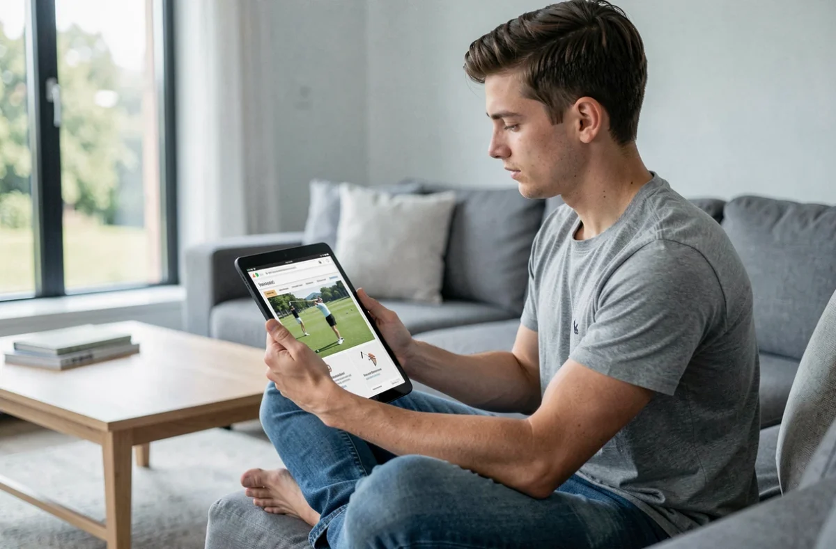 Étudiant en golf consultant un cours en ligne sur une tablette dans un salon moderne