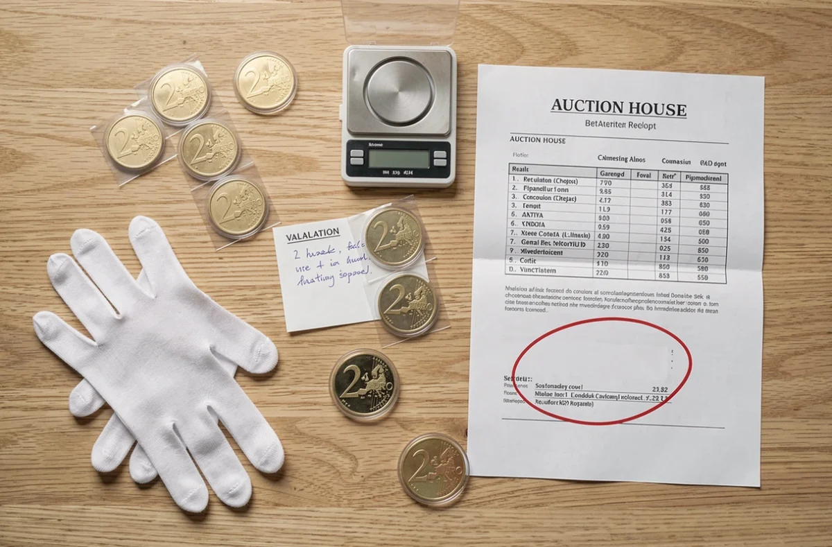 Disposition à plat de pièces de 2 euros JO 2026 avec outils d'évaluation numismatique