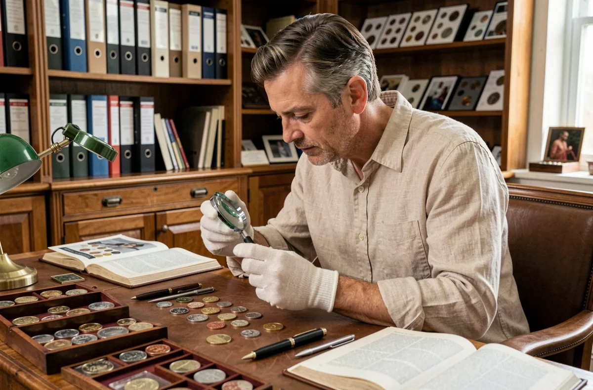Expert numismate examinant une pièce de 2 euros commémorative JO 2026 à la loupe