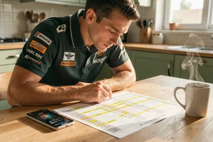 Fan de MotoGP consultant un tableau d'horaires de course avec décalage horaire affiché sur smartphone
