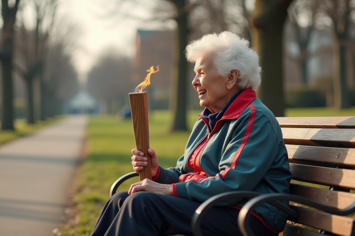 Femme âgée de 95 ans assise avec torche olympique dans un parc