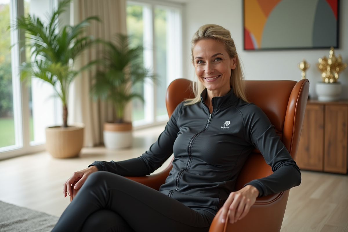 Femme athlète assise dans un salon moderne lumineux
