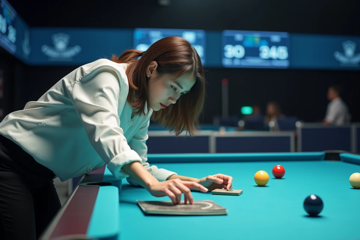 Jeune femme calculant un angle au billard lors d