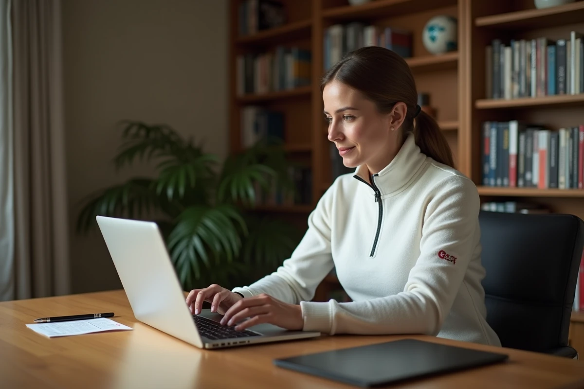 Femme consultant un blog de golf stratégique sur ordinateur portable à son bureau