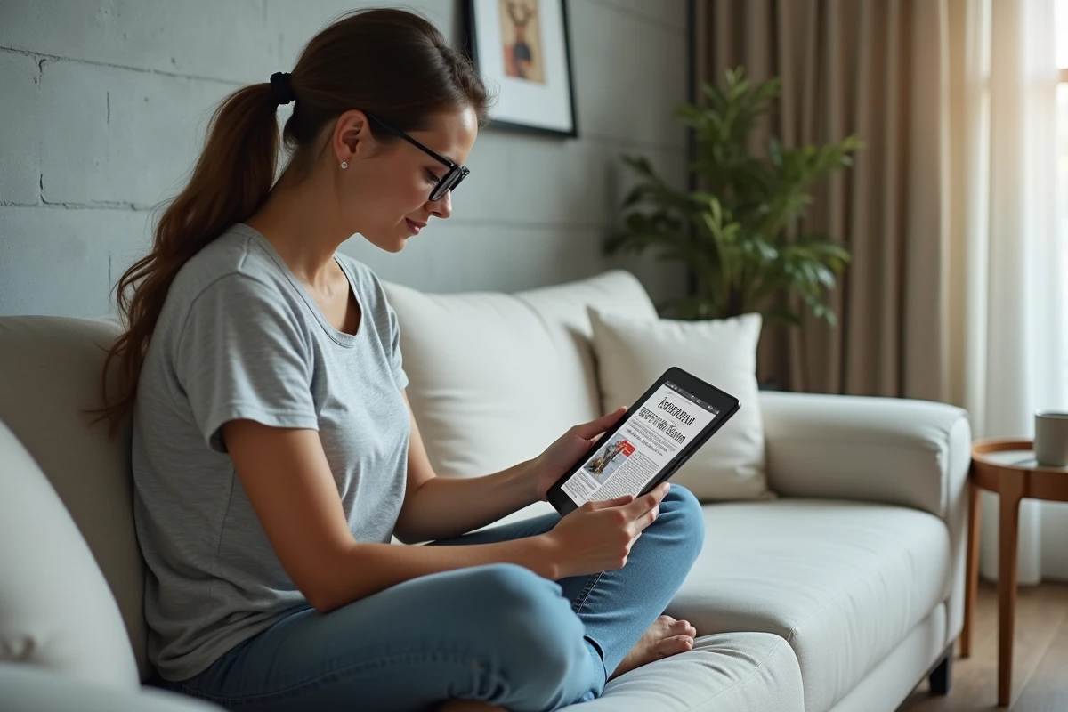 Femme consultant le journal Competition DZ en PDF sur une tablette dans un salon moderne