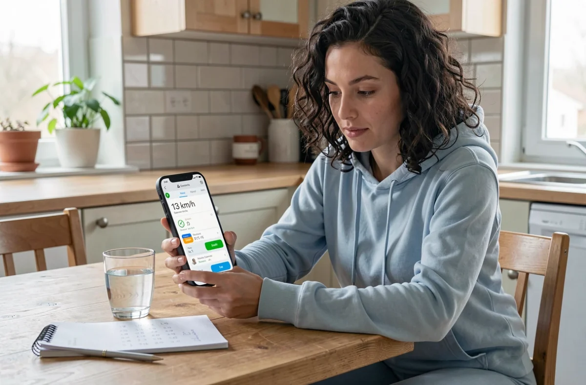 Femme calculant la conversion de 13 km/h en min/km sur une application smartphone à la maison