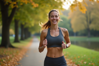 Femme souriante courant dans un parc urbain au matin
