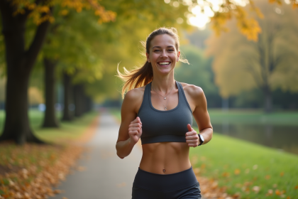 Femme souriante courant dans un parc urbain au matin