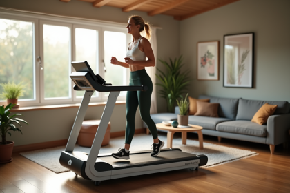 Femme d'âge moyen courant sur un tapis moderne à la maison