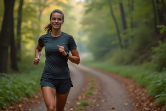 Jeune femme sportive courant en forêt au matin