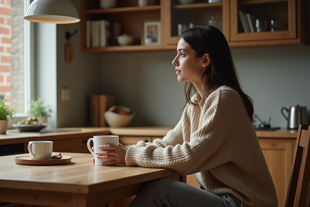 Femme à la maison buvant un café en réflexion
