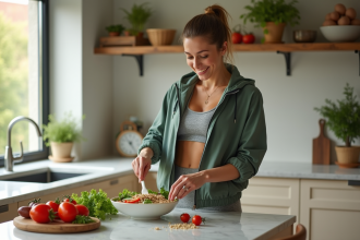 Jeune femme préparant une salade dans une cuisine lumineuse