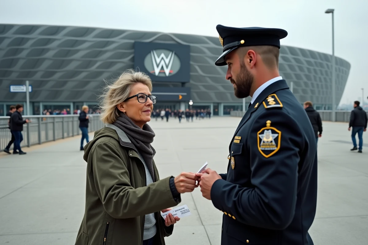 Femme donnant son ticket à un agent de sécurité devant une grande arena à Paris