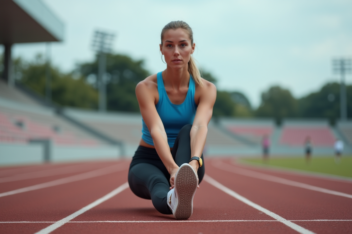 Femme sportive en pleine étirements sur piste extérieure