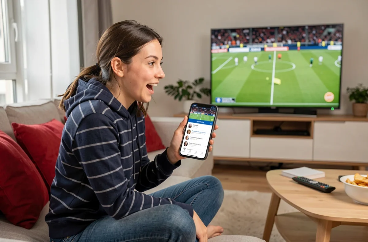 Jeune femme consultant le forum Stade Brestois 29 sur smartphone pour suivre un match en direct depuis son salon
