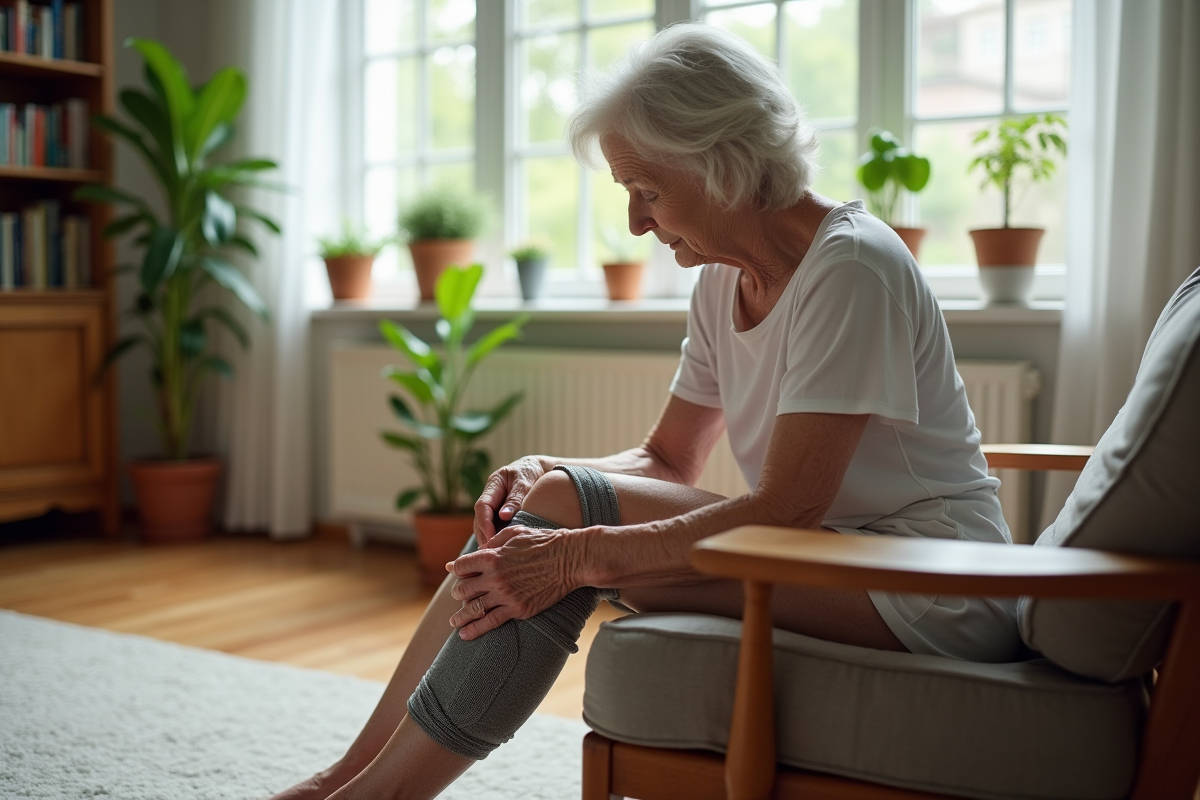 Femme âgée mettant une genouillère dans un salon lumineux