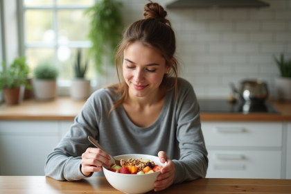 Jeune femme mangeant des fruits et noix au petit déjeuner