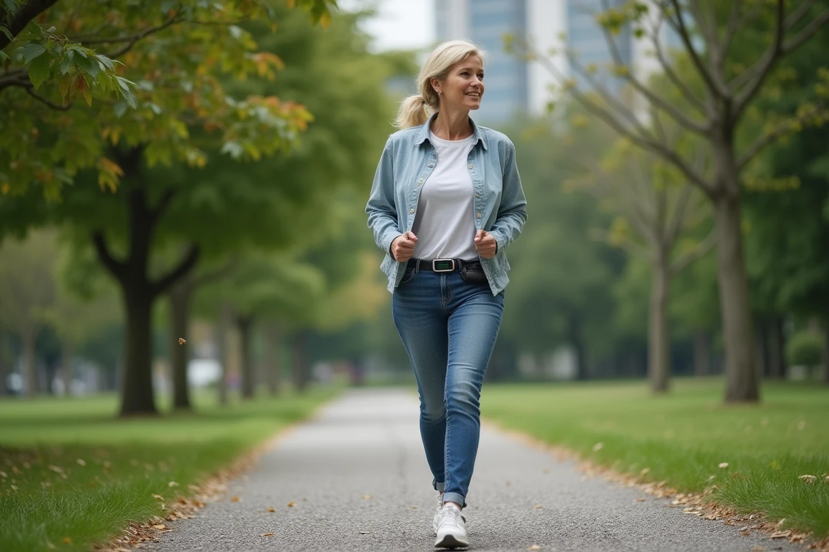 Femme marchant dans un parc avec un podomètre pour mesurer ses pas quotidiens et estimer le temps de marche parcouru