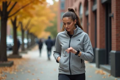Femme vérifiant son nombre de pas sur une montre connectée pendant une marche quotidienne en ville à l'automne