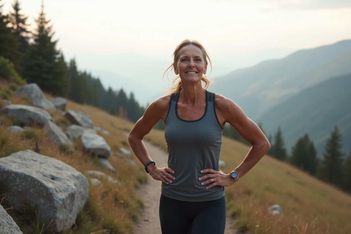 Femme après course sur sentier de montagne en nature