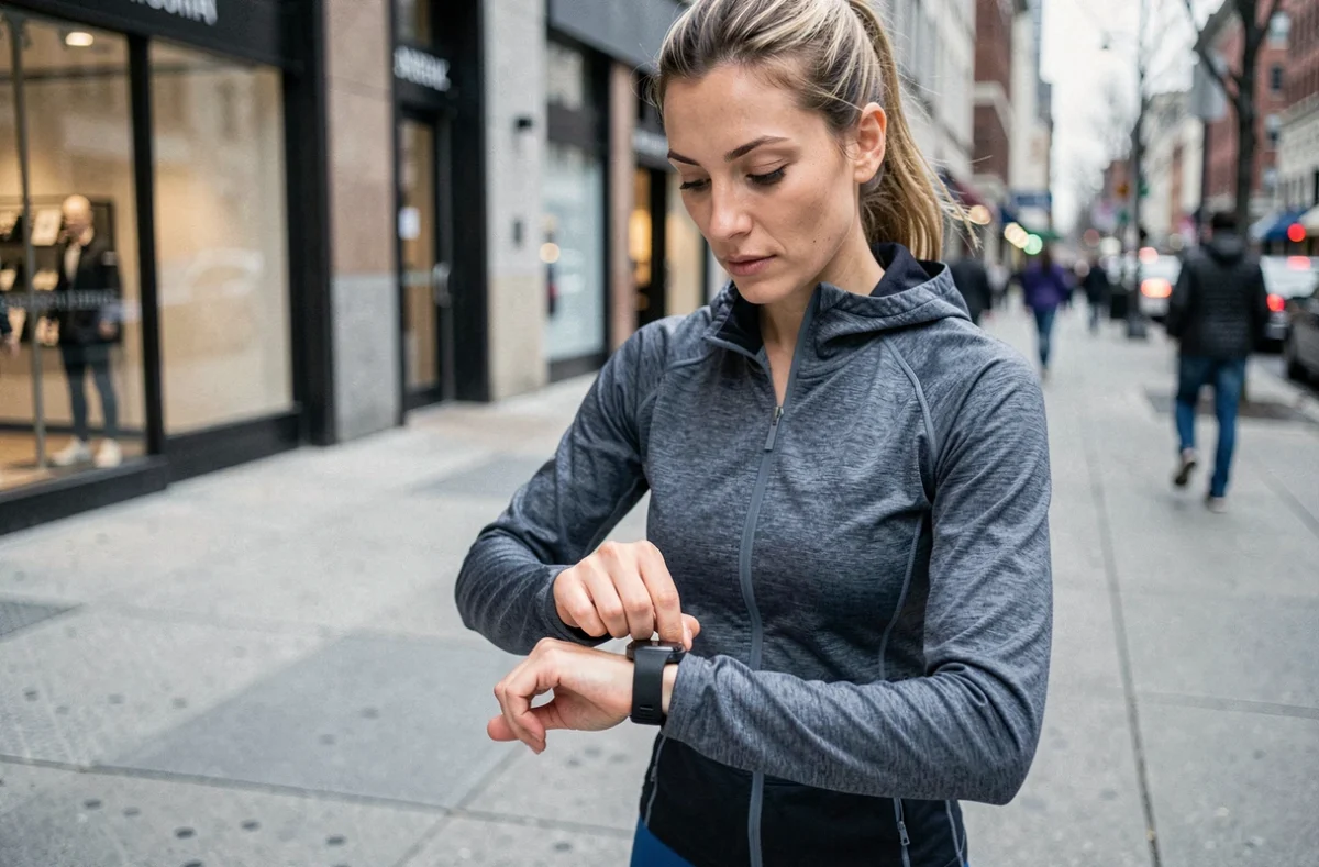 Femme sportive vérifiant sa montre connectée pour convertir ses pas en kilomètres lors d'une marche urbaine