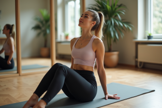Femme en Pilates effectuant un rollup dans un studio lumineux