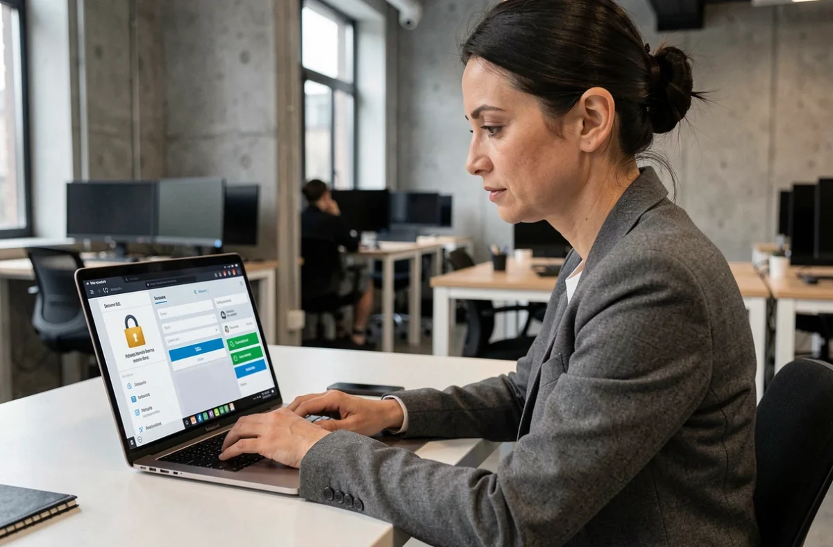 Femme accédant à une plateforme de paris sécurisée sur ordinateur portable dans un espace de coworking moderne