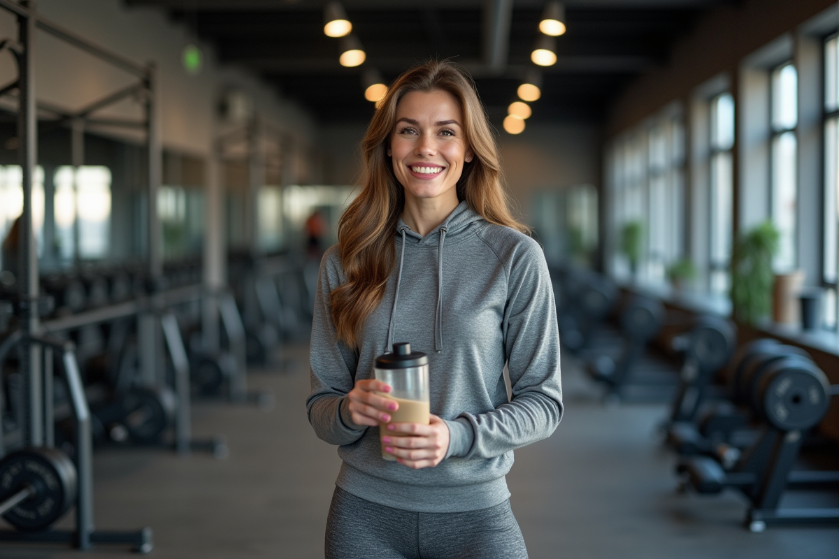 Femme en salle de sport tenant shaker et poudre de proteine