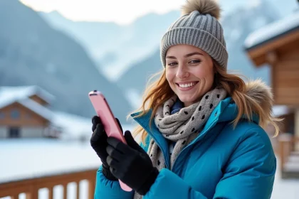 Jeune femme souriante en ski dans les Alpes enneigees