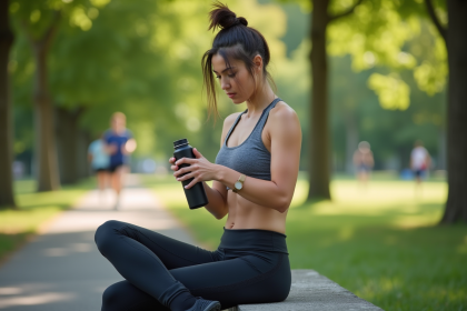 Jeune femme en tenue active buvant une boisson sportive en plein air