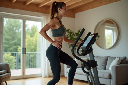 Jeune femme sportive utilisant un elliptique à la maison