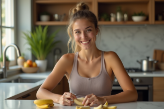 Jeune femme sportive mangeant une banane dans la cuisine