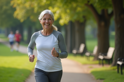 Femme sportive de 50 ans marchant dans un parc ensoleille