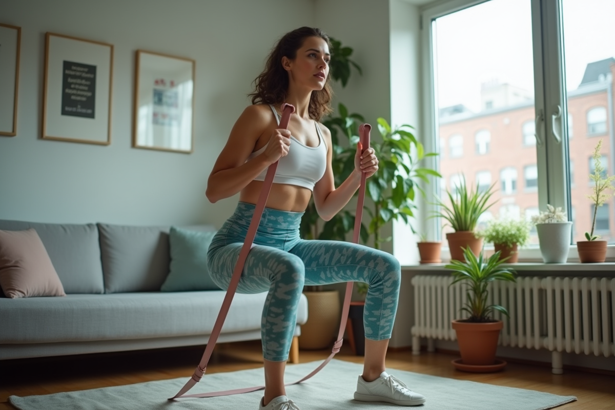 Femme faisant des squats avec bande de résistance près d