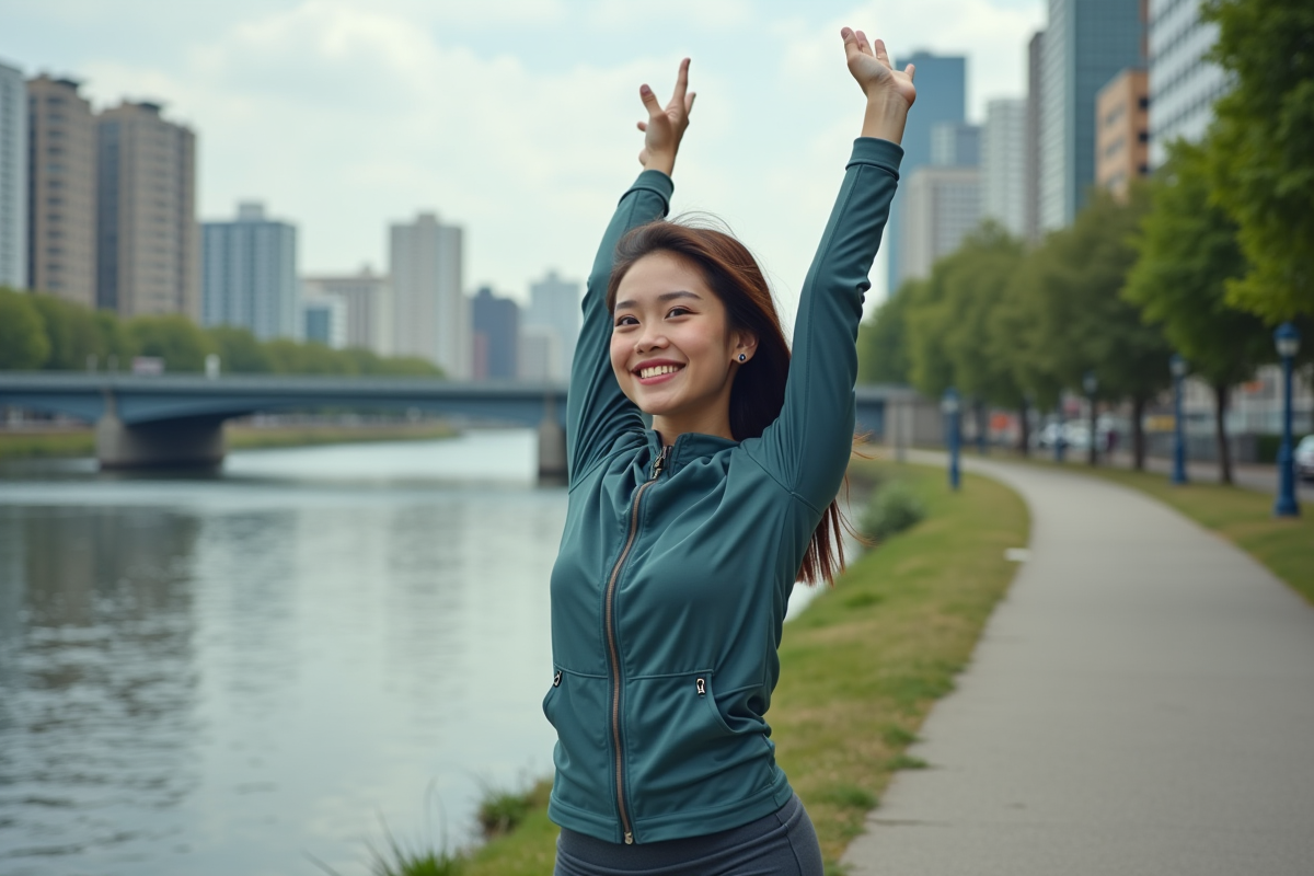 Jeune femme s’étirant sur un chemin urbain au bord de l’eau